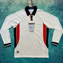 1998 England Home White Retro Long Sleee Jersey