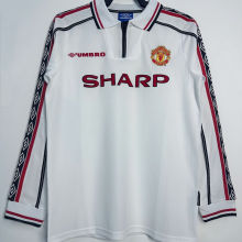 1998/99 M Utd White Retro Long Sleeve Soccer Jersey