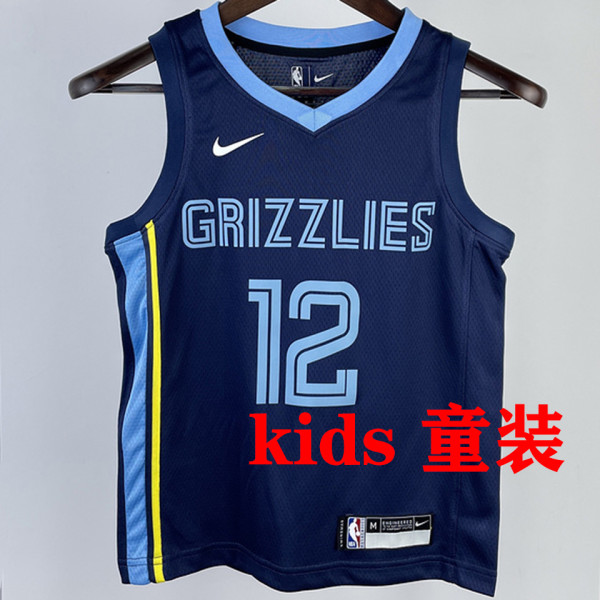 Grizzlies MORANT #12 Sapphire Blue Kids NBA Jersey 热压