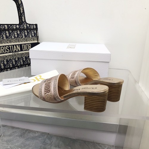 Dior Women Shoes DWAY HEELED SLIDE Embroidered Cotton Luxury Brand Womens Sandals Slippers with Original Box KCQ244ERC_S56B