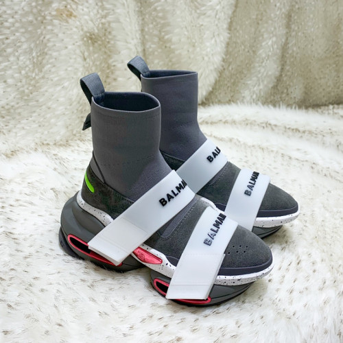 Balmain Women Shoes Sneakers Luxury Brand Gray high-top suede and knit BBold sneakers with strap TN0C501TKSE9AA