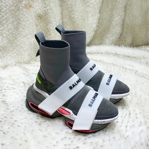 Balmain Women Shoes Sneakers Luxury Brand Gray high-top suede and knit BBold sneakers with strap TN0C501TKSE9AA