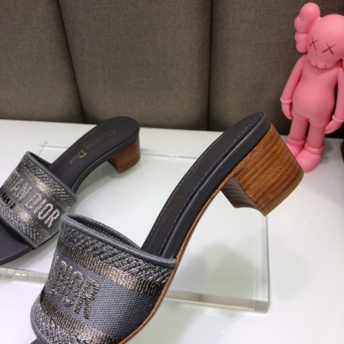 Dior Women Shoes DWAY HEELED SLIDE Embroidered Cotton Luxury Brand Womens Sandals Slippers with Original Box KCQ244ERC_S56B