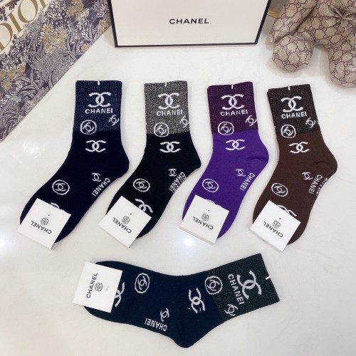 Chanel Socks 5 Pairs with Original Box Luxury Brand Breathable Chanel Sock