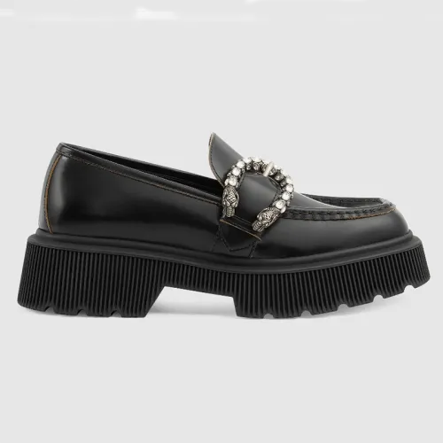 Gucci Women Shoes Casual Luxury Brand Fashion Women's Loafer with Tiger Head Black Leather 627289 DS800 1000