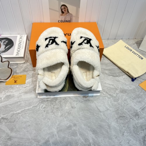 Louis Vuitton Womens Shoes Slide Slippers for Winter Wool Fabric Luxury Brand Designer PASEO FLAT COMFORT MULE with Original Box