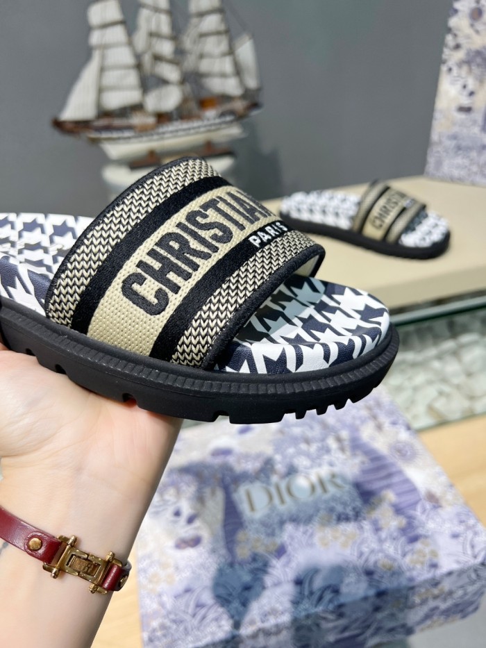 Dior Women Shoes Slippers DWAY SLIDE Luxury Brand DWAY SLIDE Cotton Embroidery with Micro Houndstooth with Original Box KCQ550PPE_S19O