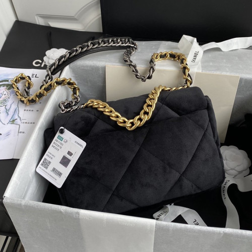 Chanel Womens Bags Luxury Brand Chanel 19 Large Flap Bag Shoulder Bags Velvet, Black & Gold-Tone Metal
