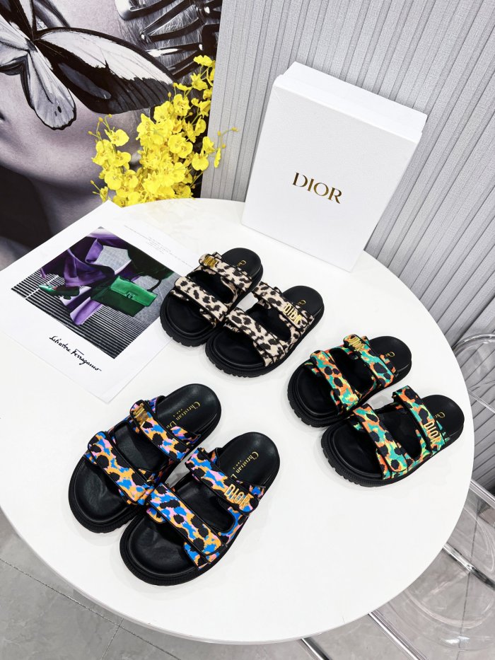 Dior Women Shoes Sandals Luxury Brand DIORACT SLIDE Beige Multicolor Mizza Printed Technical Fabric Lambskin with Original Box KCQ719LNY_S29X