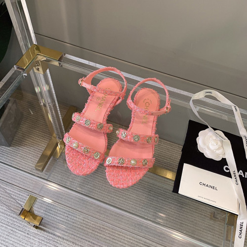 Chanel Womens Shoes Sandals Cotton Tweed & Jewelry Coral & Pink G37212 X56070 K2617