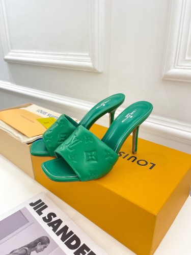 Louis Vuitton Womens Shoes Sandals Slippers Luxury Brand REVIVAL MULE 1A9PHP Vert Green Monogram-embossed lambskin with Original Box 9.5cm Heel