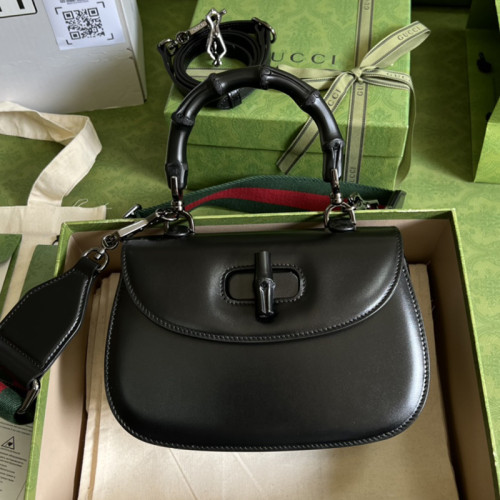 Gucci Womens Bags Handbags Shoulder Messenger Bags Luxury Brand Gucci Bamboo 1947 small top handle bag in black leather 675797 10ODP 1060 with Original Box