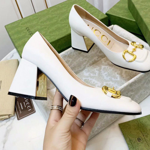 Gucci Womens Shoes Pumps Luxury Brand Women's Mid-Heel Pump With Horsebit In White Leather with Original Box 643886 C9D00 9022
