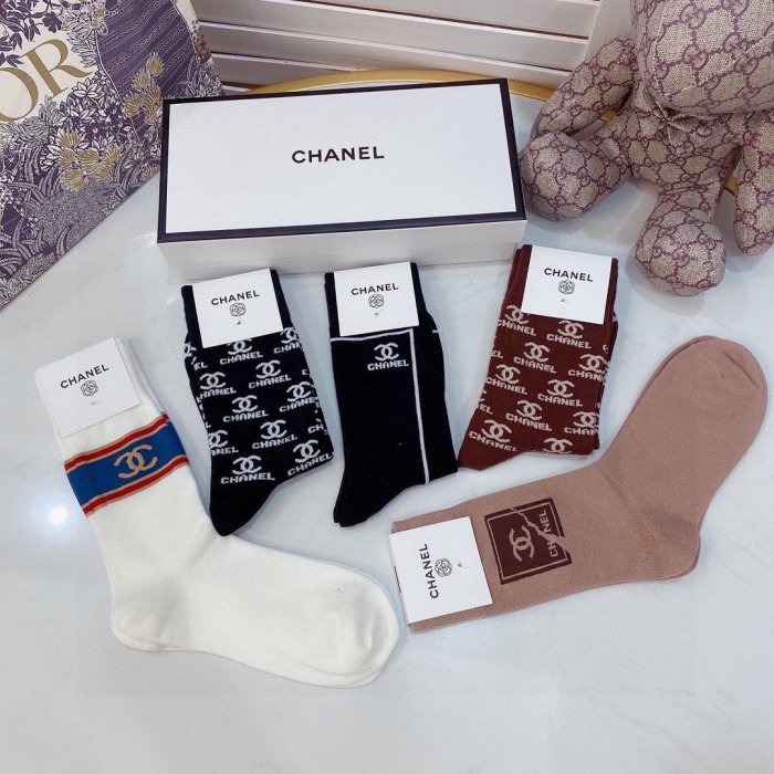 Chanel Socks 5 Pairs with Original Box Luxury Brand Breathable Chanel Sock