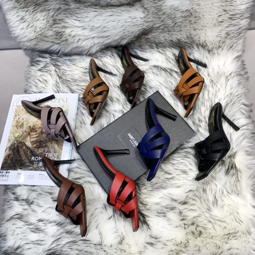 Saint Laurent YSL Womens Shoes TRIBUTE HEELED MULES IN SMOOTH LEATHER 9CM