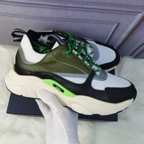Dior Mens Shoes Sneakers Luxury Brand Breathable Design B22 SNEAKER Cream and White Technical Mesh with Olive and Black Smooth Calfskin 3SN231YKB_H661 with Original Box