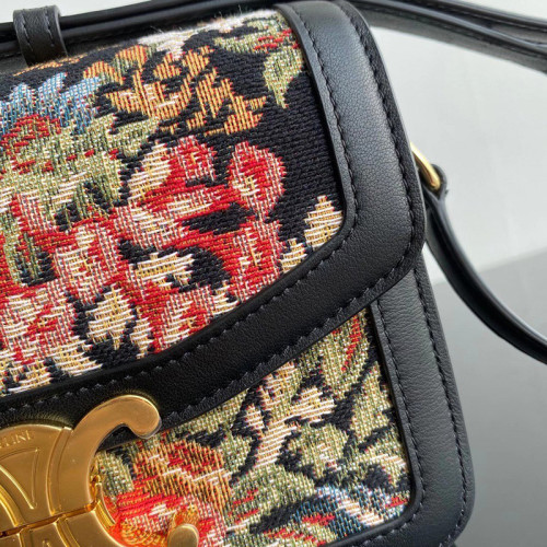 Celine Womens Bag TEEN TRIOMPHE BAG IN FLORAL JACQUARD AND CALFSKIN