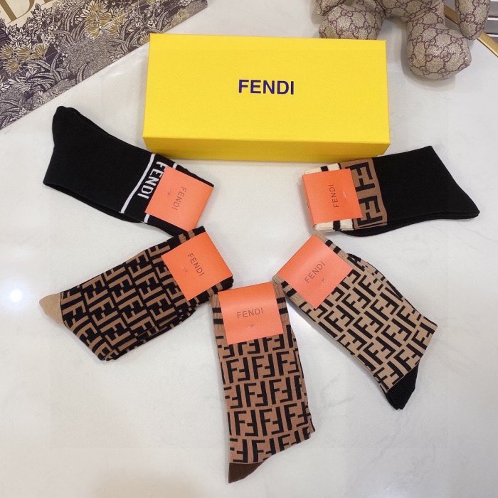 Fendi Socks 5 Pairs with Original Box Luxury Brand Breathable Fendi Sock