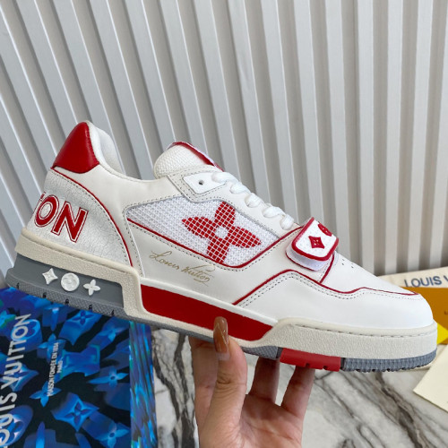 Louis Vuitton Men Shoes Fashion Sneakers Design Luxury Brand LV TRAINER SNEAKER Red Calf leather Velcro strap with Original Box 1A98VV