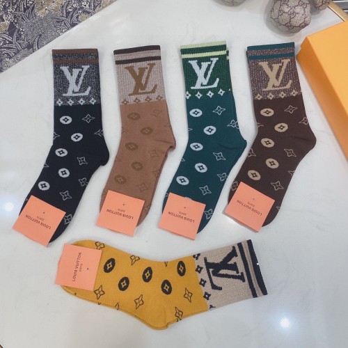 Louis Vuitton Socks 5 Pairs with Original Box Luxury Brand Breathable LV Sock