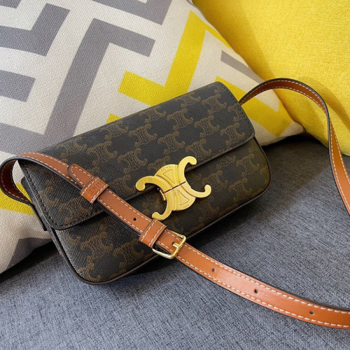 Celine Womens Bag TRIOMPHE SHOULDER BAG IN TRIOMPHE CANVAS AND CALFKSIN TAN 194142CUZ.04LU