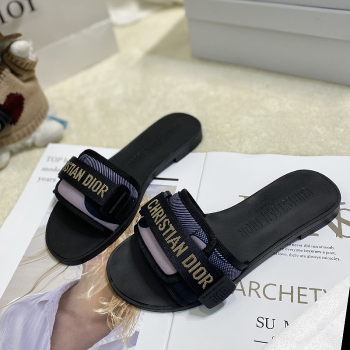 Dior Womens Shoes Sandals Slippers Slide Luxury Brand DIO(R)EVOLUTION SLIDE Shiny Technical Fabric with Dior Oblique Print with Original Box