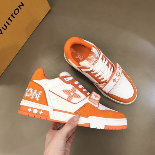 Louis Vuitton Men Shoes Fashion Sneakers Design Luxury Brand LV TRAINER SNEAKER Orange Monogram denim with Original Box 1A9ZBU