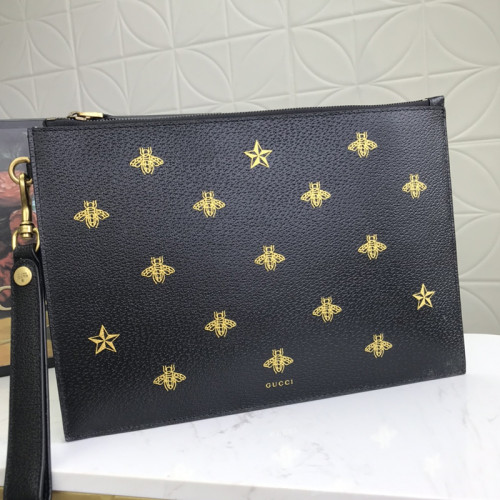 Gucci Mens Bags Clutch Pouch Luxury Brand Black Calfskin Textured Leather GG Marmont Pouch with Original Box 475317 DJ20T 1000