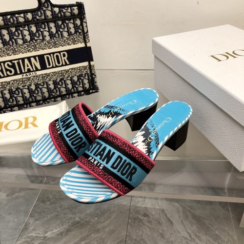 Dior Women Shoes DWAY HEELED SLIDE Embroidered Cotton Luxury Brand Womens Sandals Slippers with Original Box KCQ244ERC_S56B