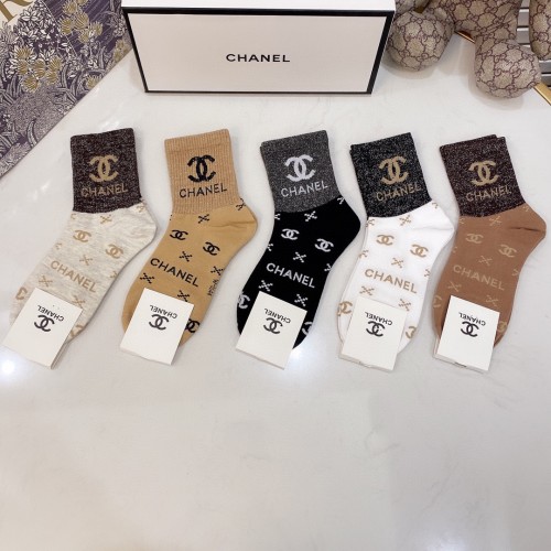 Chanel Socks 5 Pairs with Original Box Luxury Brand Breathable Chanel Sock