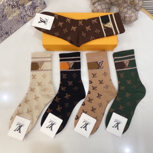 Louis Vuitton Socks 5 Pairs with Original Box Luxury Brand Breathable LV Sock