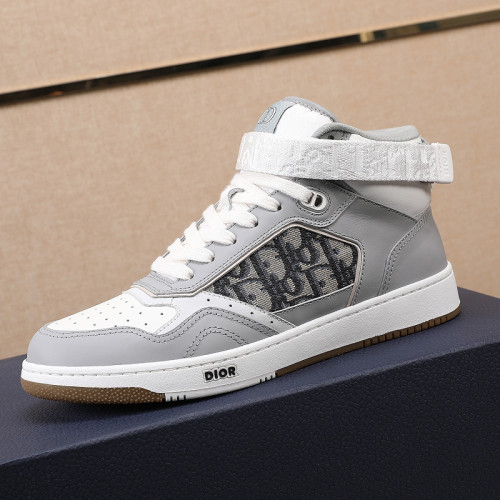 Dior Men Shoes Sneakers Luxury B27 High-Top Sneaker Gray And White Smooth Calfskin With Beige And Black Dior Oblique Jacquard