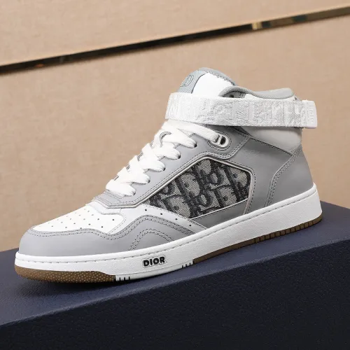 Dior Men Shoes Sneakers Luxury B27 High-Top Sneaker Gray And White Smooth Calfskin With Beige And Black Dior Oblique Jacquard