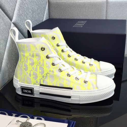 Dior Women Shoes Sneakers Casual Luxury Brand B23 HIGH-TOP SNEAKER White and Yellow Dior Oblique Canvas with Original Box 3SH118YNT_H568