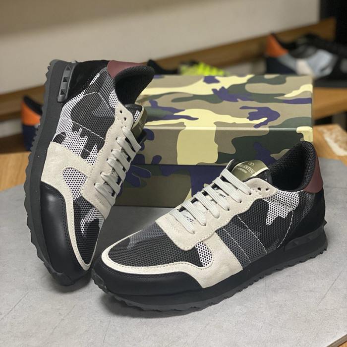 Valentino Men Shoes Fashion Design Luxury Brand ROCKRUNNER CAMOUFLAGE LAMINATED STUDDED SNEAKER with Original Box