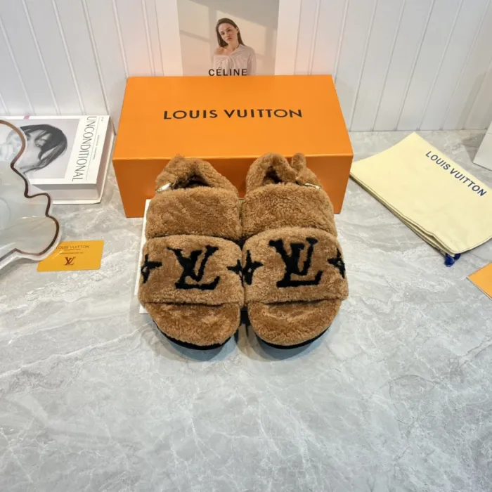 Louis Vuitton Womens Shoes Slide Slippers for Winter Wool Fabric Luxury Brand Designer PASEO FLAT COMFORT MULE with Original Box