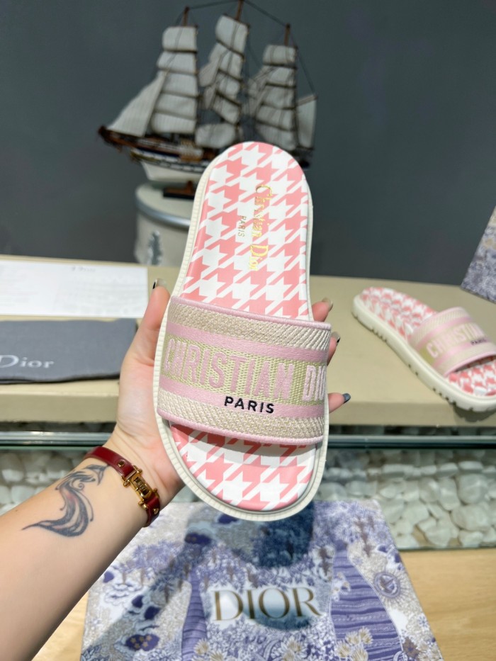Dior Women Shoes Slippers DWAY SLIDE Luxury Brand DWAY SLIDE Peony Pink Embroidered Cotton with Micro Houndstooth Motif with Original Box KCQ550PPE_S55P