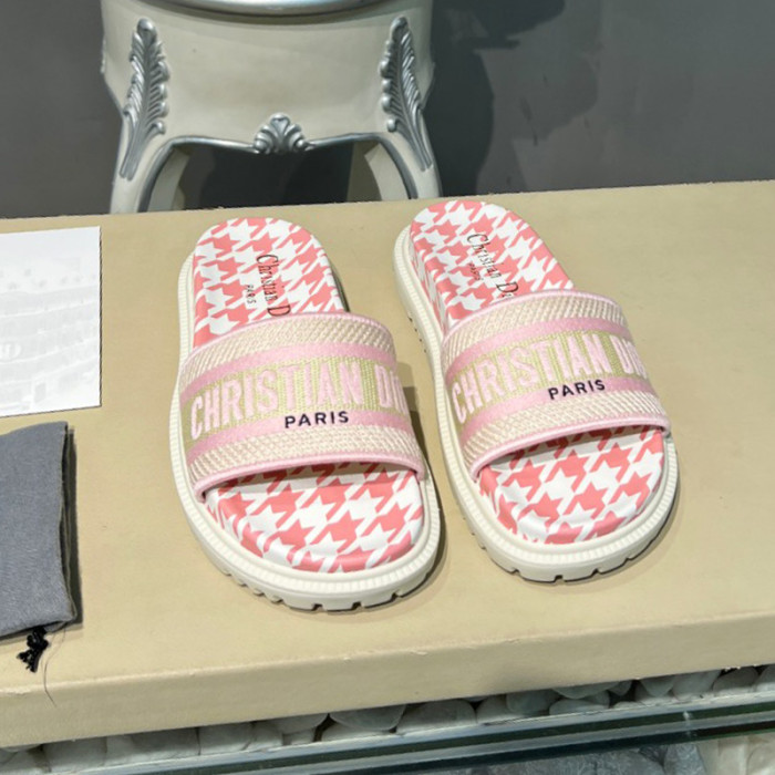 Dior Women Shoes Slippers DWAY SLIDE Luxury Brand DWAY SLIDE Peony Pink Embroidered Cotton with Micro Houndstooth Motif with Original Box KCQ550PPE_S55P