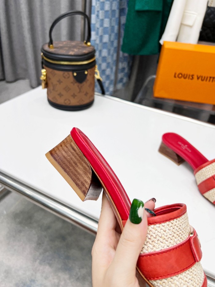 Louis Vuitton Womens Shoes Slide Slippers Luxury Brand Designer LOCK IT MULE 1AA17M Raffia and calf leather with Original Box 3.5cm Heel