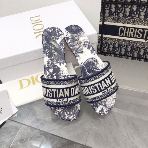 Dior Women Shoes DWAY HEELED SLIDE Embroidered Cotton Luxury Brand Womens Sandals Slippers with Original Box KCQ244ERC_S56B