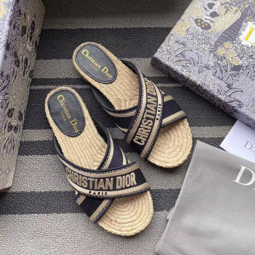 Dior Women Shoes Slippers DWAY Slides Luxury Brand Design Dior Espadrille Nude Mesh Embroidery Womens Shoes with Original Box