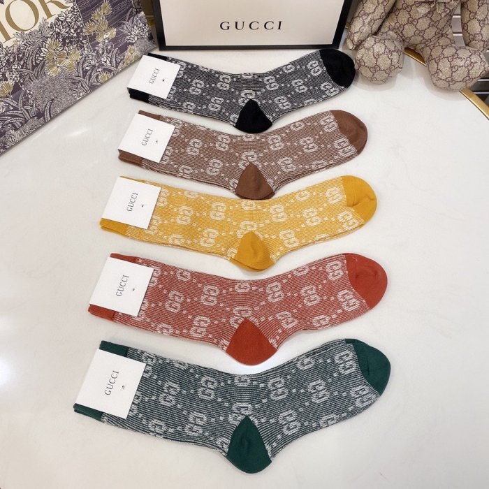 Gucci Socks 5 Pairs with Original Box Luxury Brand Breathable Gucci Sock