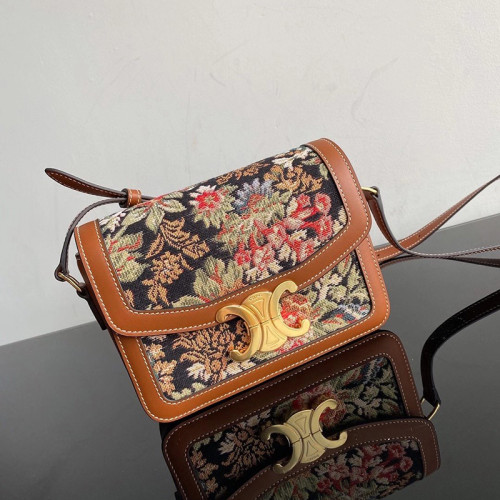 Celine Womens Bag TEEN TRIOMPHE BAG IN FLORAL JACQUARD AND CALFSKIN