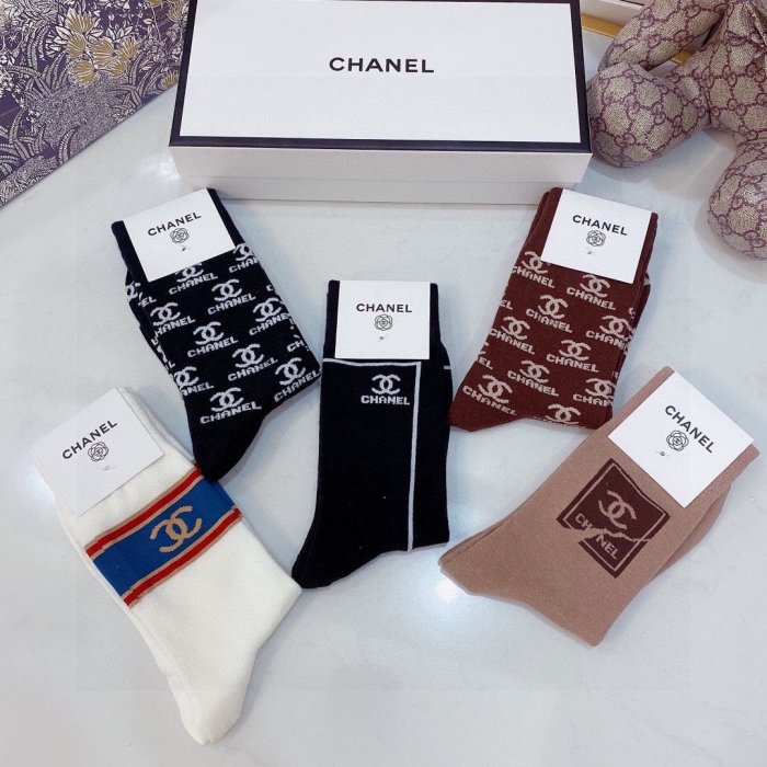 Chanel Socks 5 Pairs with Original Box Luxury Brand Breathable Chanel Sock