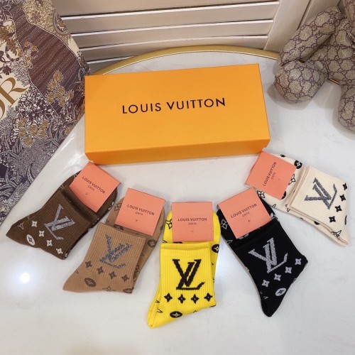 Louis Vuitton Socks 5 Pairs with Original Box Luxury Brand Breathable LV Sock