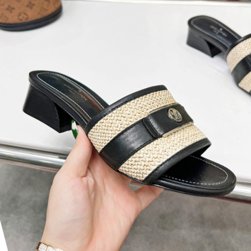 Louis Vuitton Womens Shoes Slide Slippers Luxury Brand Designer LOCK IT MULE 1AA17M Black Raffia and calf leather with Original Box 3.5cm Heel
