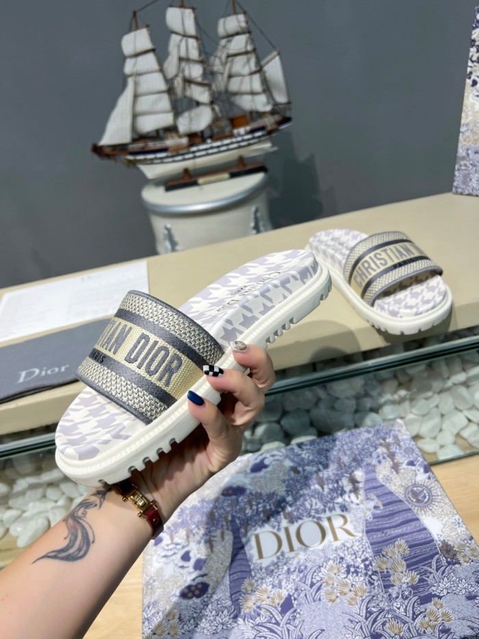 Dior Women Shoes Slippers DWAY SLIDE Luxury Brand DWAY SLIDE Cotton Embroidery with Micro Houndstooth with Original Box KCQ550PPE_S19O