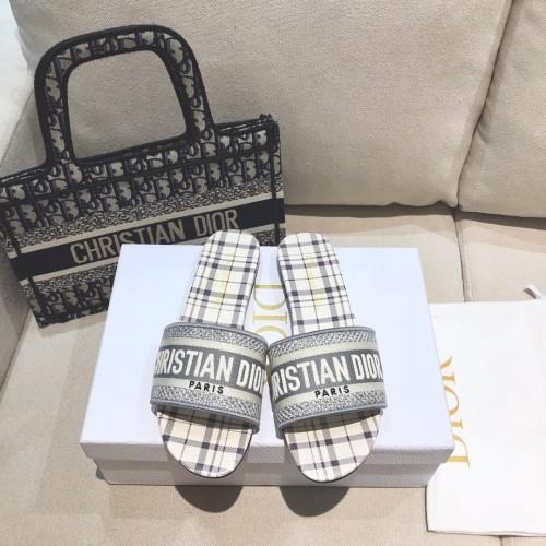 Dior Women Shoes DWAY HEELED SLIDE Embroidered Cotton Luxury Brand Womens Sandals Slippers with Original Box KCQ244ERC_S56B