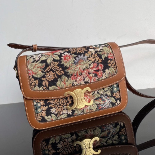 Celine Womens Bag MEDIUM TRIOMPHE BAG IN FLORAL JACQUARD AND CALFSKIN