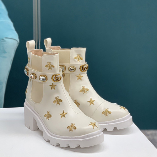 Gucci Women Shoes Fashion Boots Luxury Brand Embroidered Leather Ankle Boot with Belt